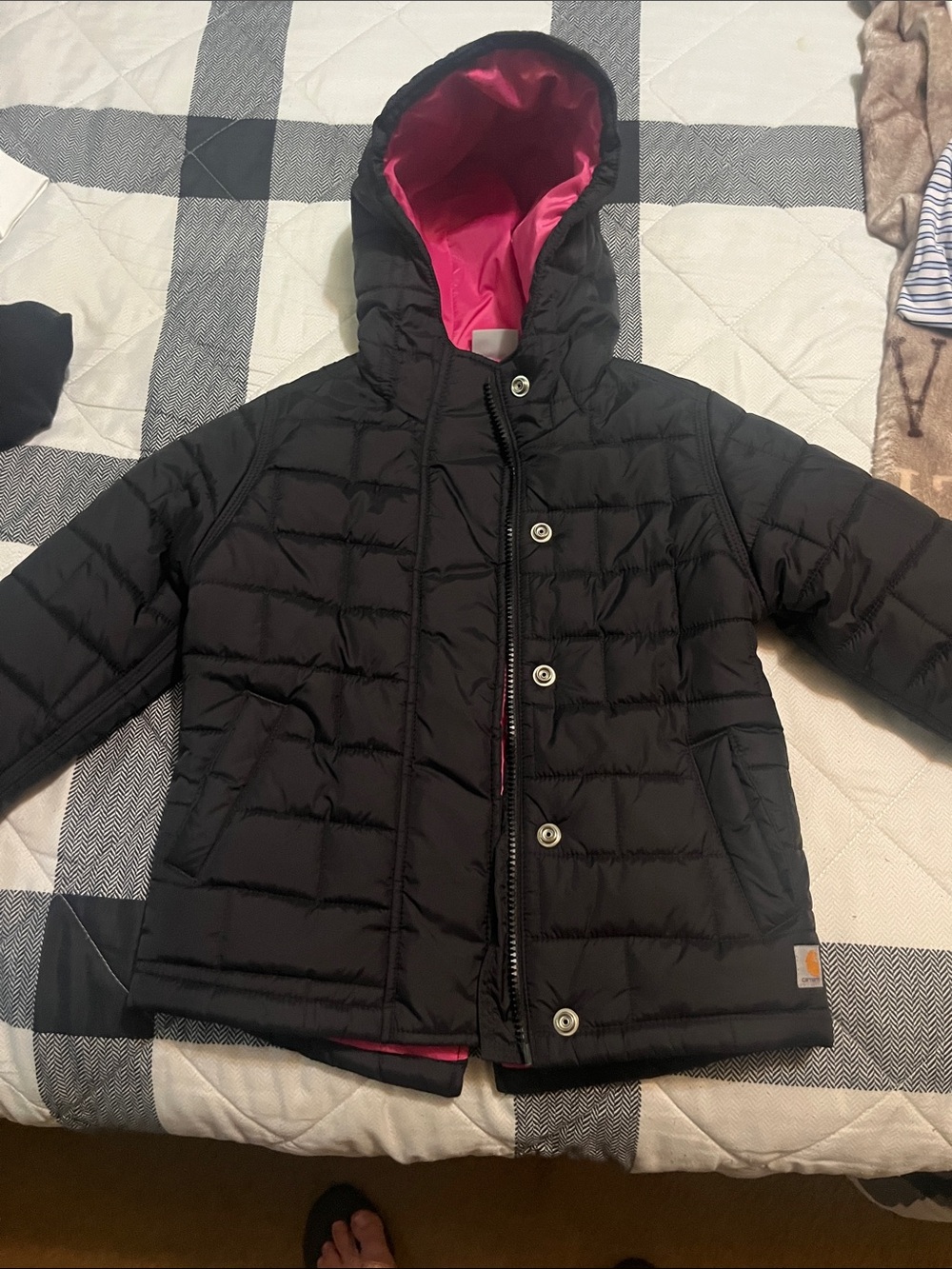 Carhartt Kids Black Puffer Jacket with Pink Hood Lining